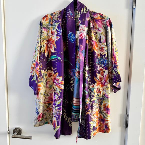 New Johnny Was Weller Topiary Hunter Kimono Purple Floral Reversible Tie Sz S - Picture 6 of 12